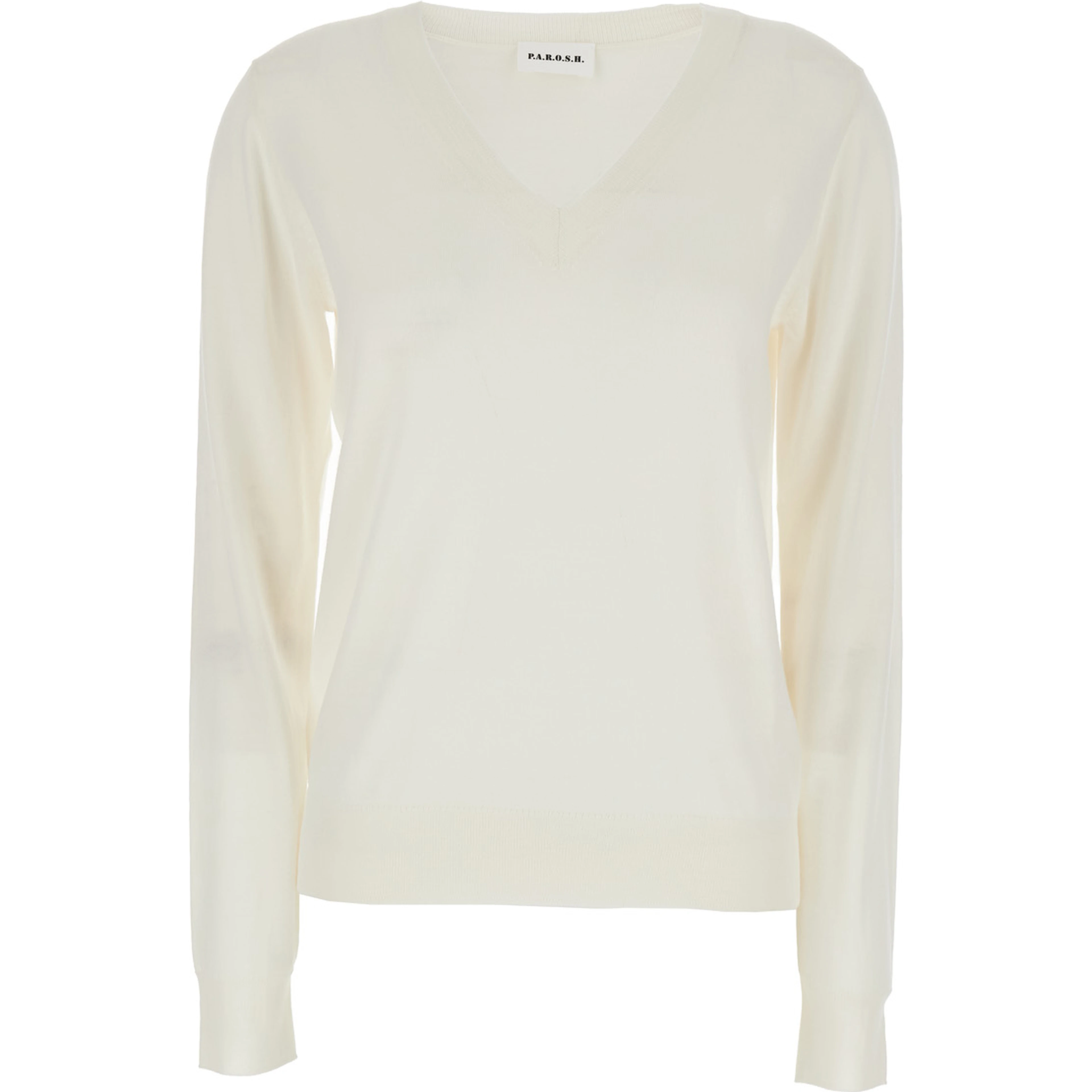 Long Sleeve V-Neck Sweater in White Wool and Silk Blend for Women