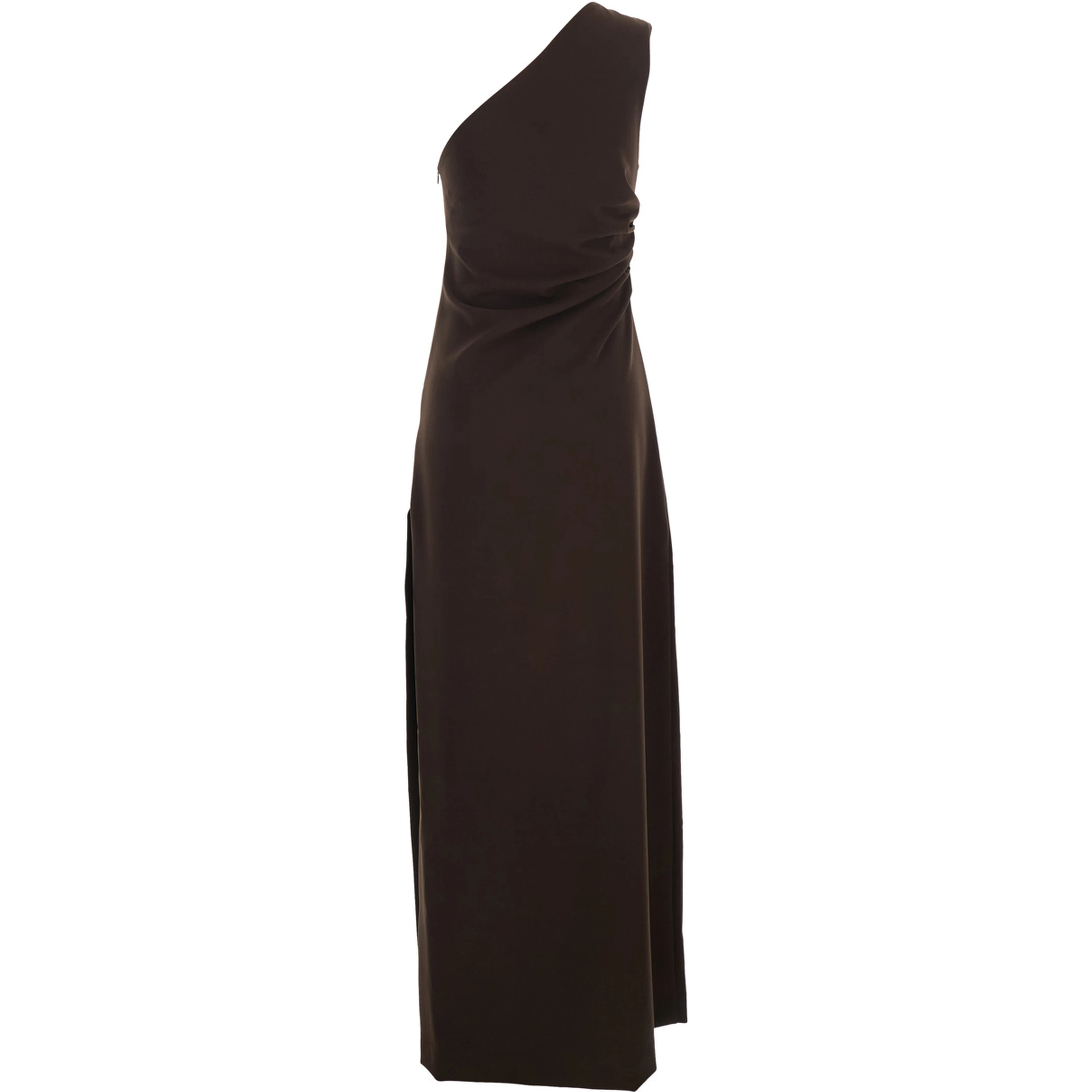 Long Dress with Hidden Zip Closure on the Side in Brown Stretch Cady for Women