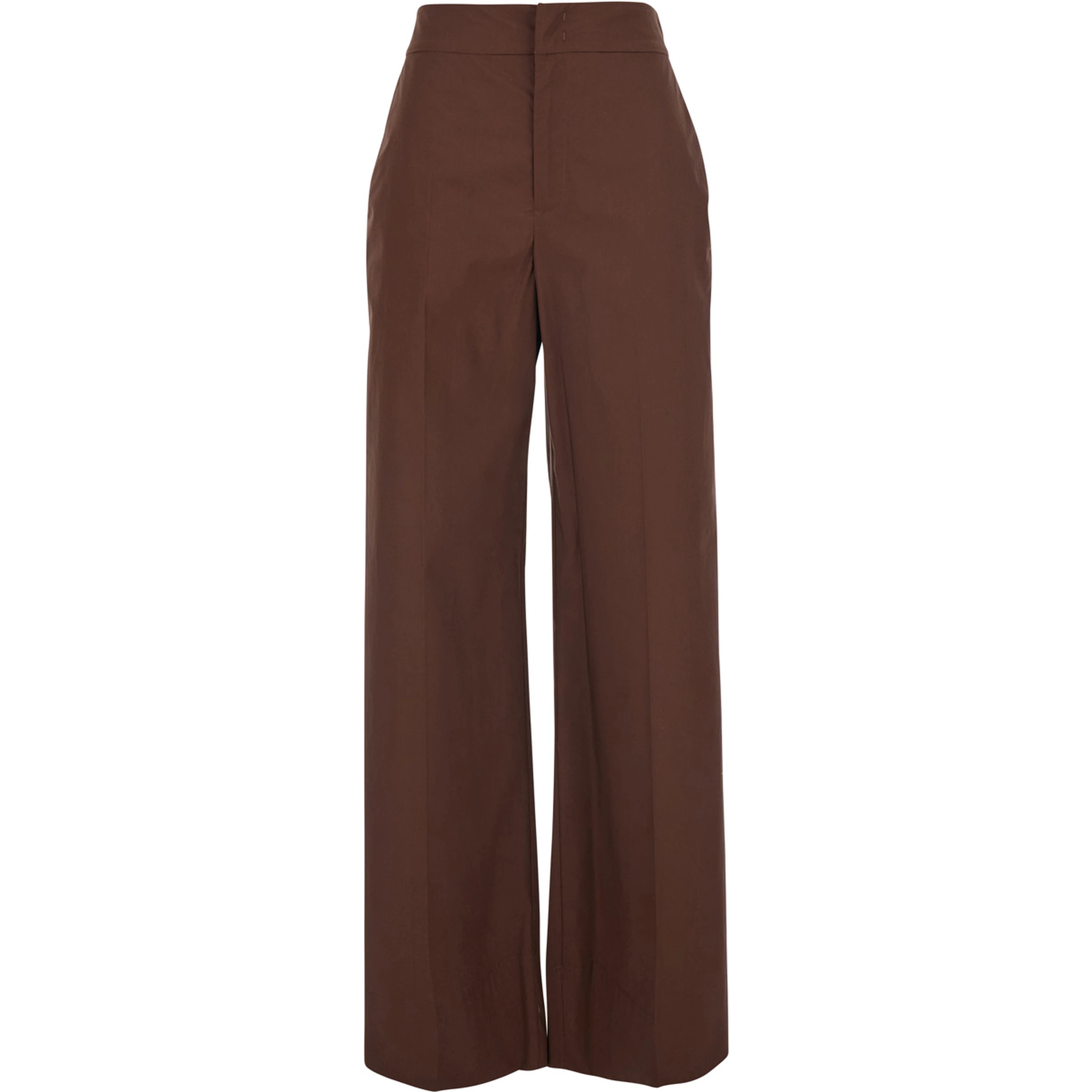 Brown Pants with logo plate on the back and wide leg in stretch cotton for women