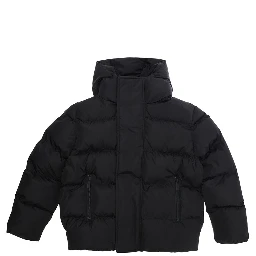 Down jacket with hood and logo on the back in black tech fabric, boy
