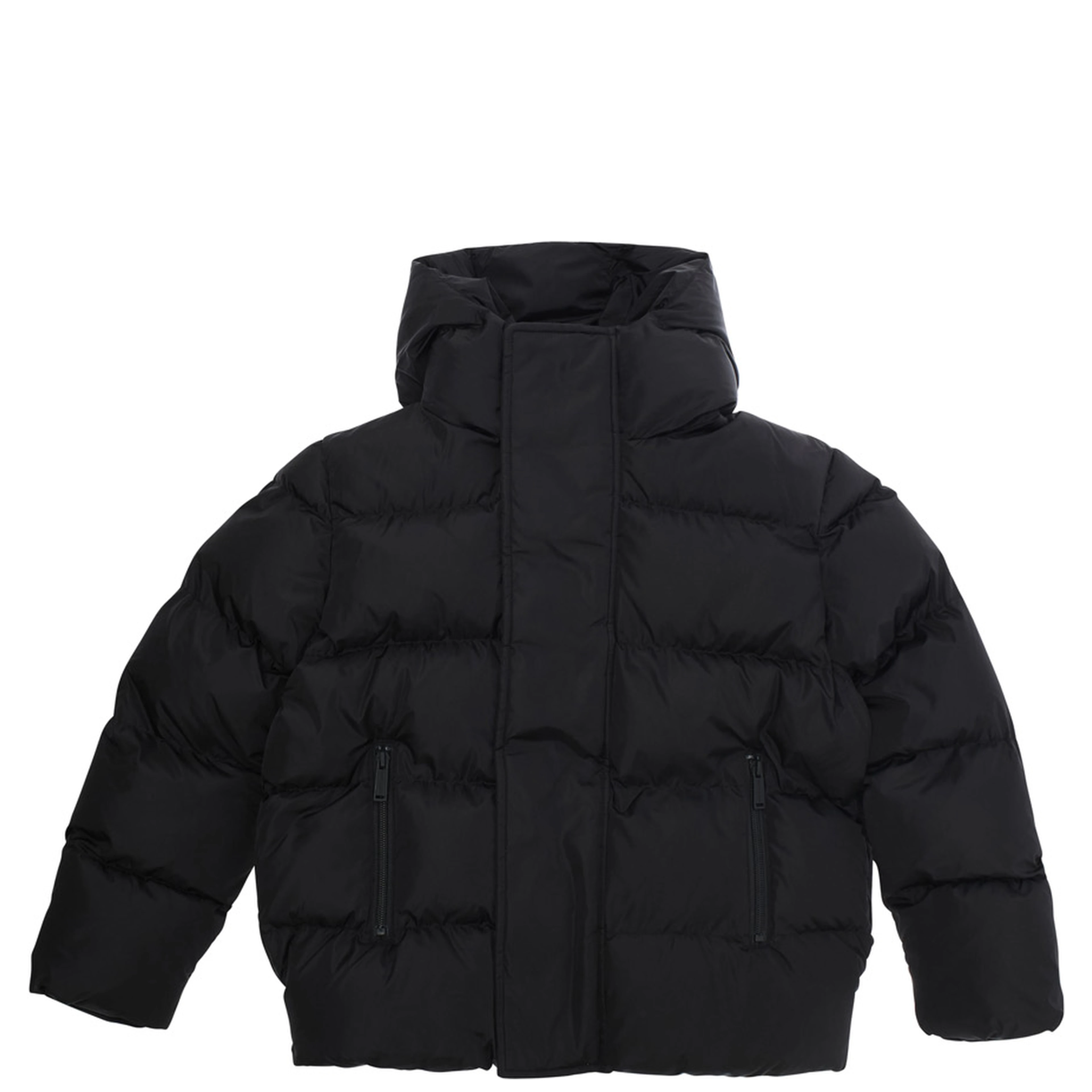 Down jacket with hood and logo on the back in black tech fabric, boy