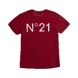 Red Crew Neck T-Shirt with Maxi Logo Print in Cotton Boy