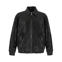 Refined leather jacket with collar and long sleeves in 100% black lamb unisex
