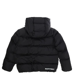 Down jacket with hood and logo on the back in black tech fabric, boy