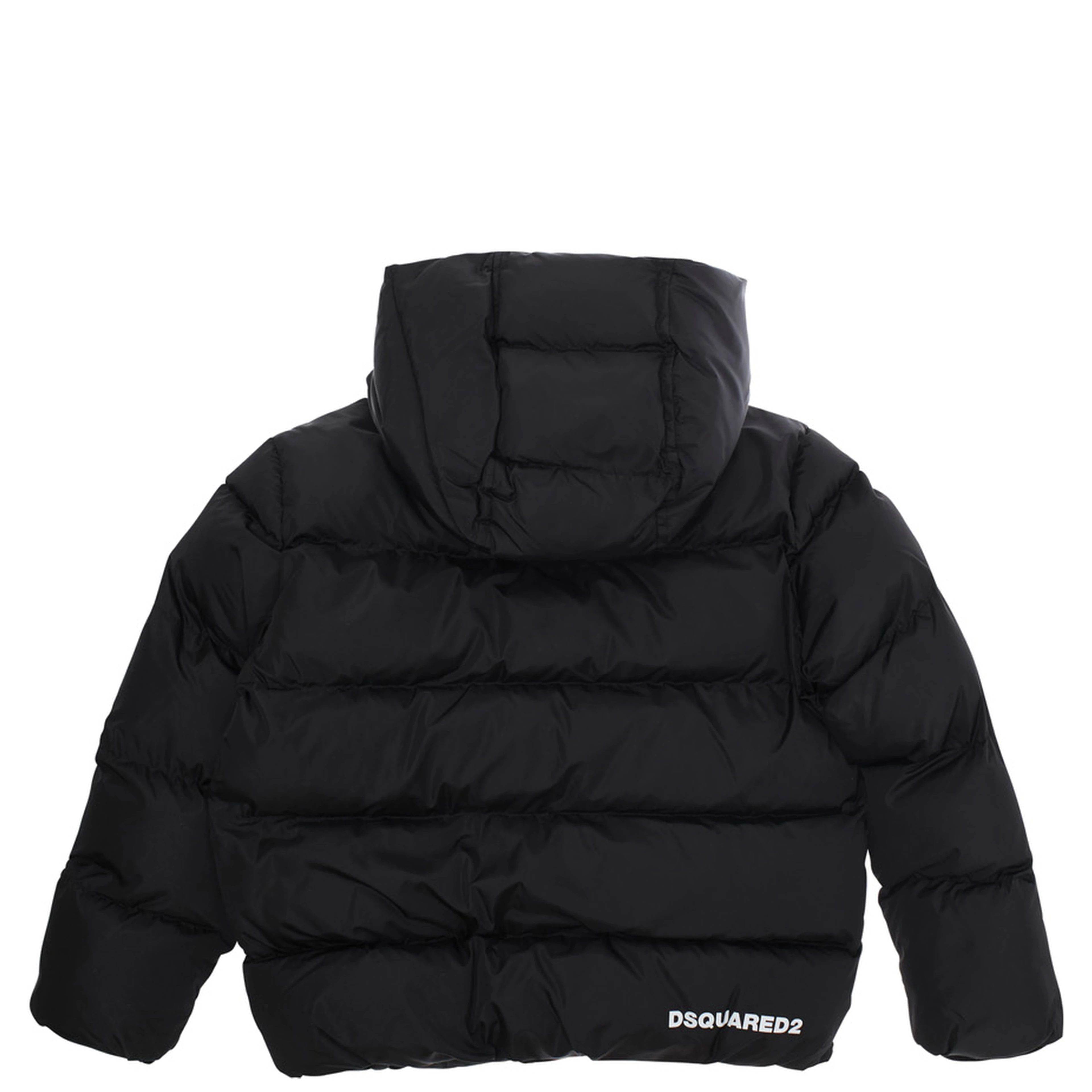 Down jacket with hood and logo on the back in black tech fabric, boy