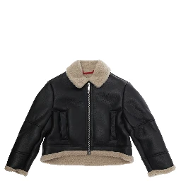 black Long-sleeved shearling coat with front logo patch in eco-leather Girl