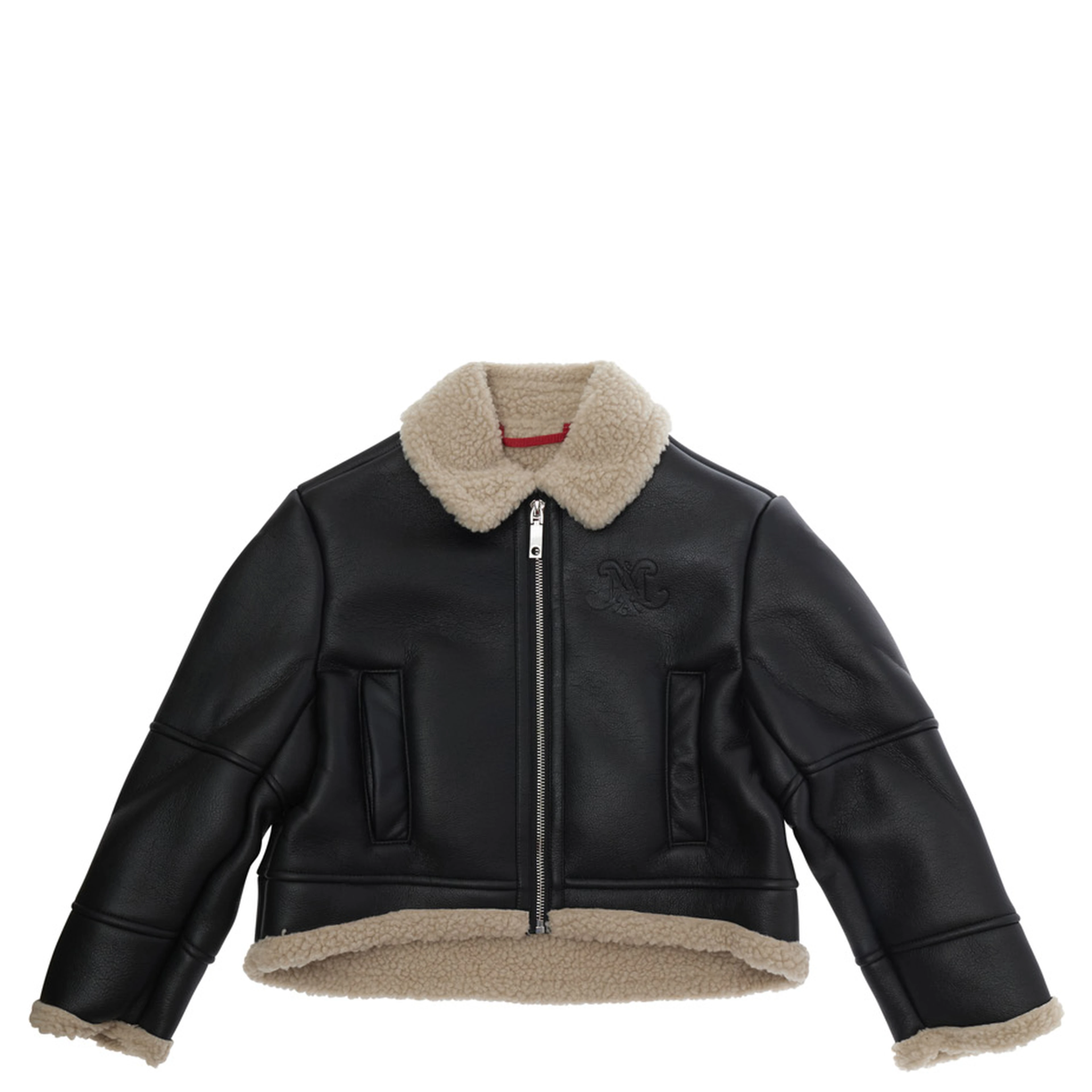 black Long-sleeved shearling coat with front logo patch in eco-leather Girl