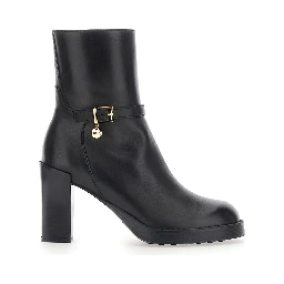 Black Ankle Boots with High Heel and Buckle Strap in Leather for Women
