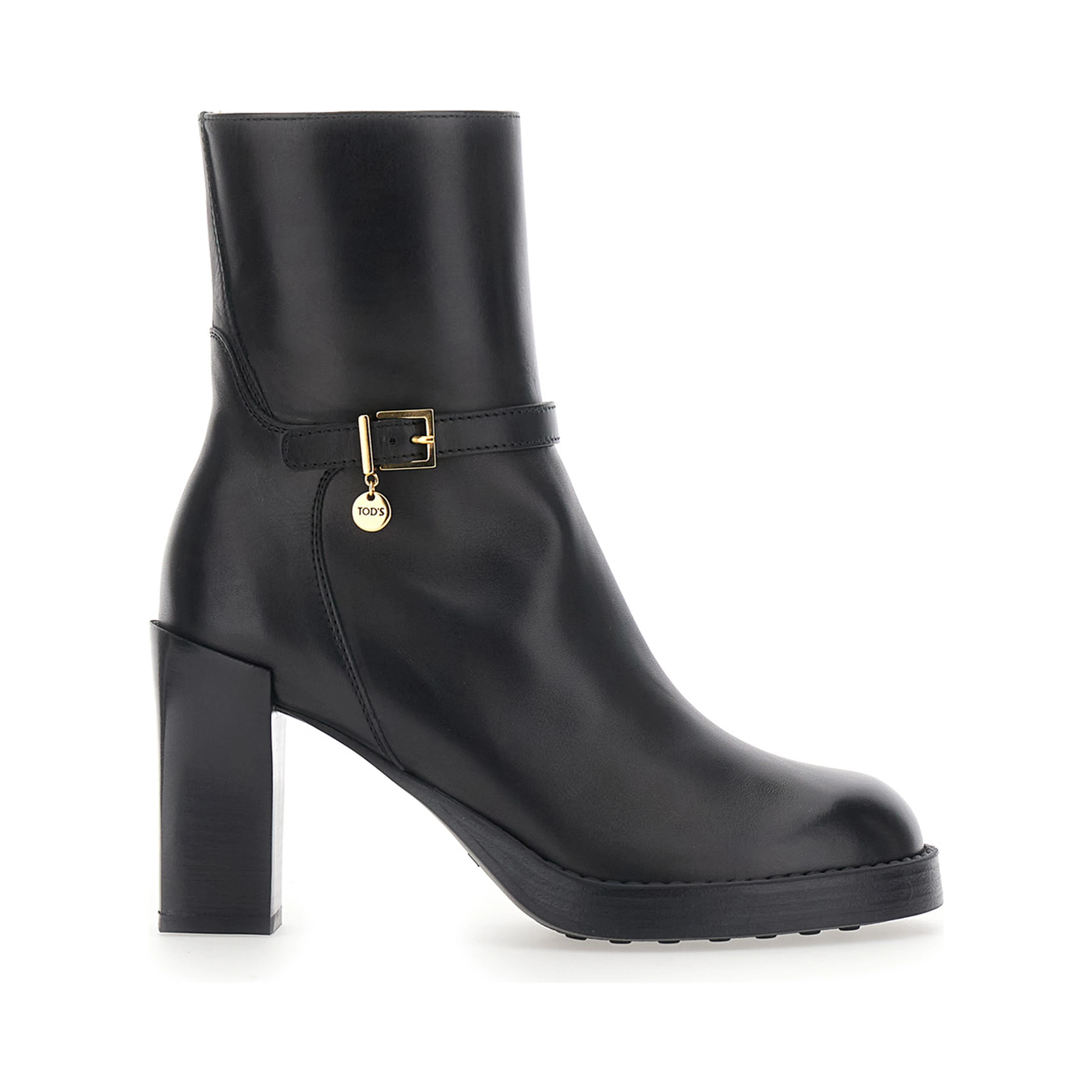 Black Ankle Boots with High Heel and Buckle Strap in Leather for Women