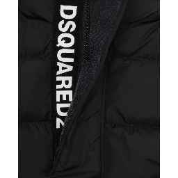 Down jacket with hood and logo on the back in black tech fabric, boy