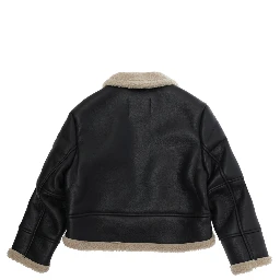 black Long-sleeved shearling coat with front logo patch in eco-leather Girl