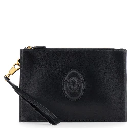 Black Clutch with removable wrist strap and Medusa on the front in leather for men