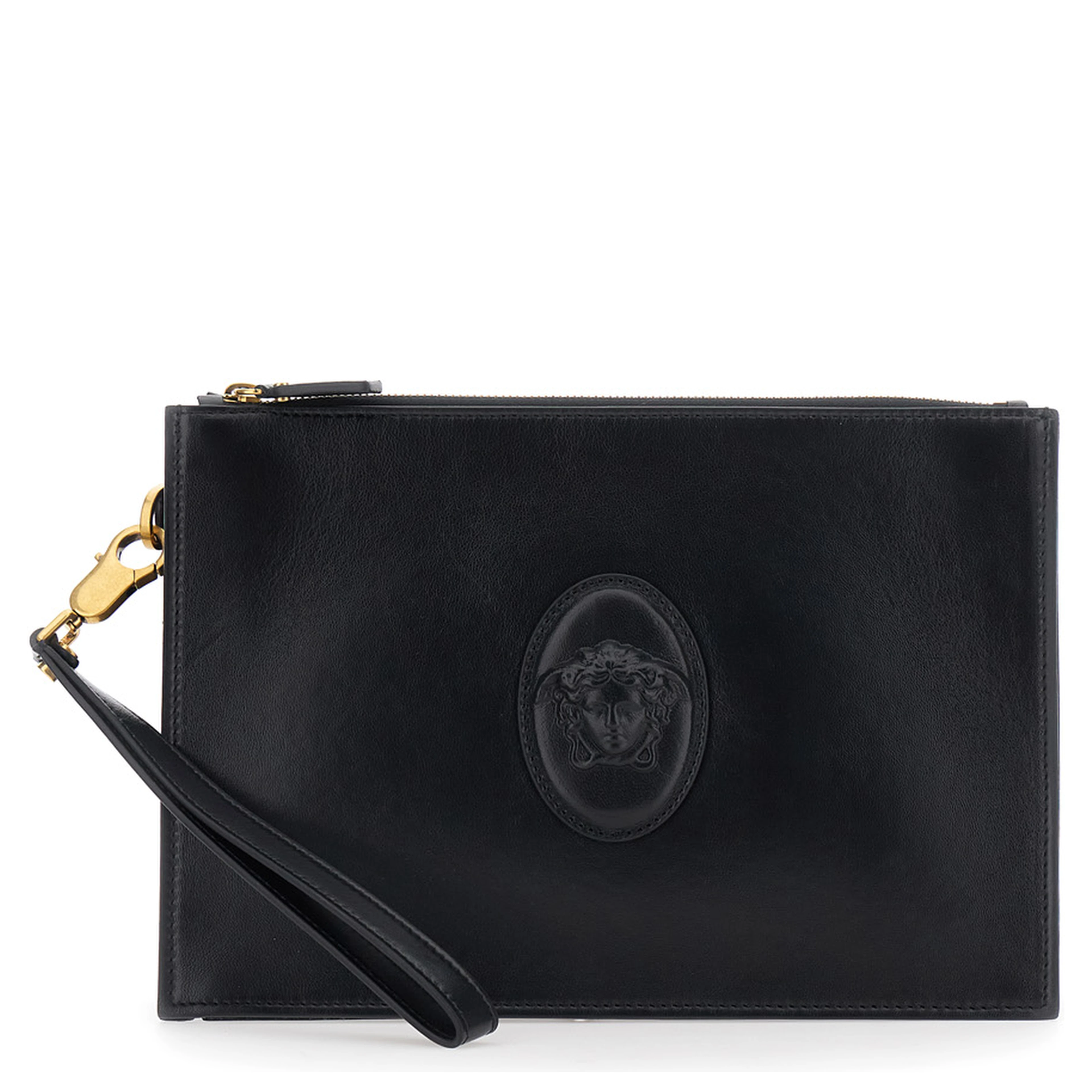 Black Clutch with removable wrist strap and Medusa on the front in leather for men