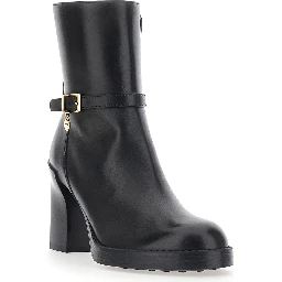 Black Ankle Boots with High Heel and Buckle Strap in Leather for Women