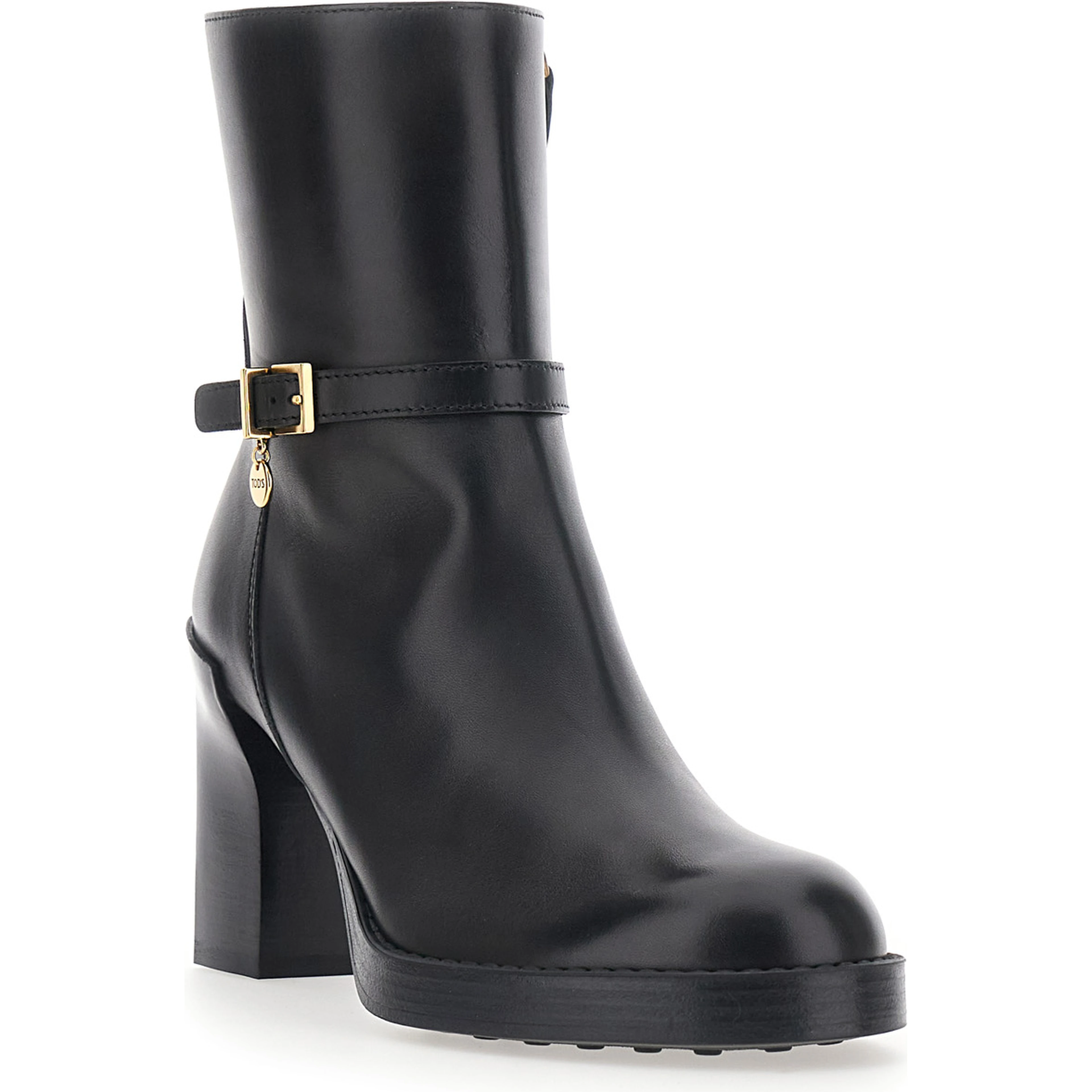 Black Ankle Boots with High Heel and Buckle Strap in Leather for Women