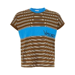Brown T-shirt with striped motif and logo lettering on the front in Cotton Men