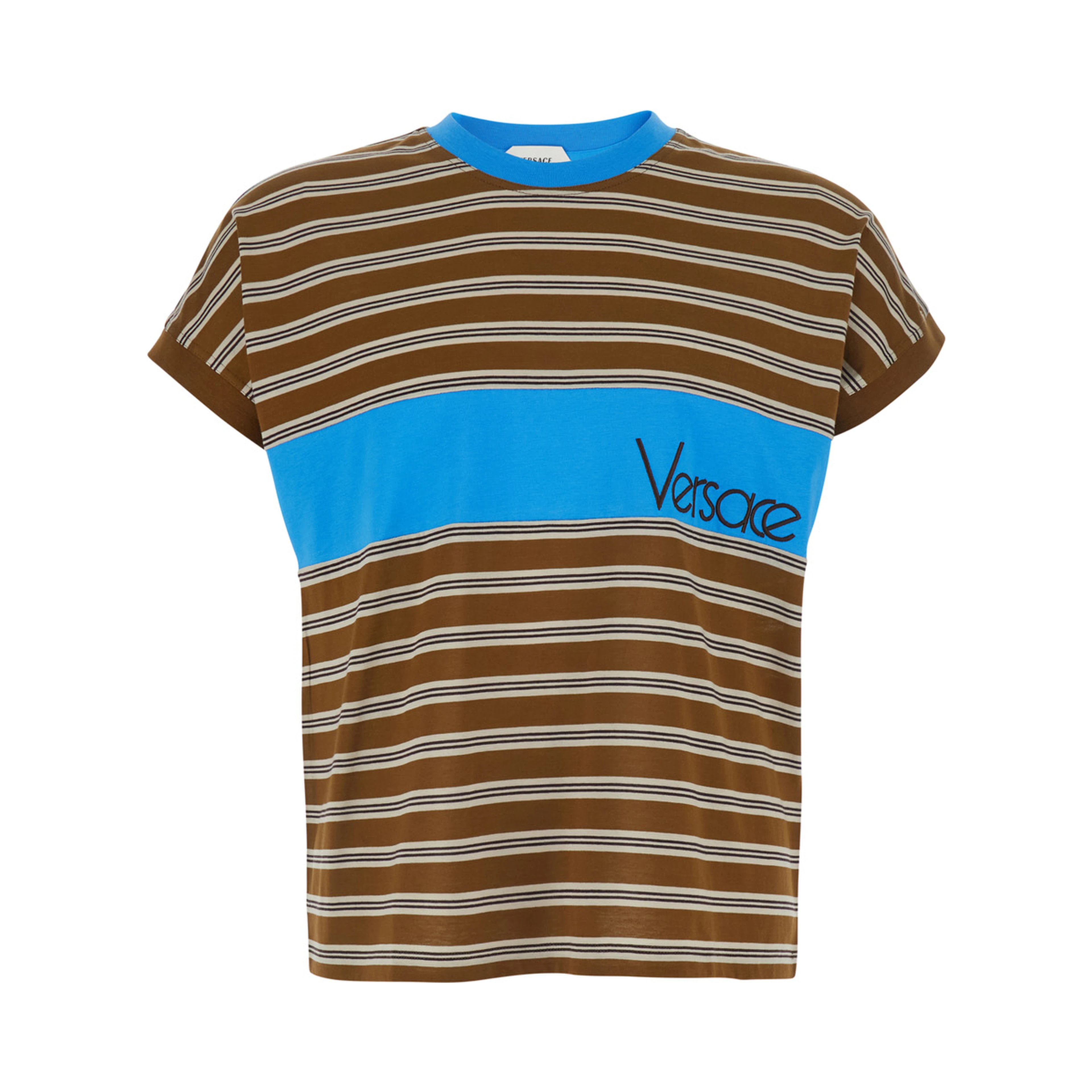 Brown T-shirt with striped motif and logo lettering on the front in Cotton Men