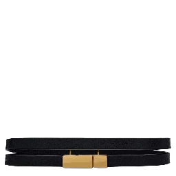 Double Wrap Bracelet with Cassandre Plate on Front in Black Grained Leather for Women