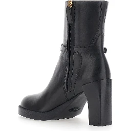 Black Ankle Boots with High Heel and Buckle Strap in Leather for Women