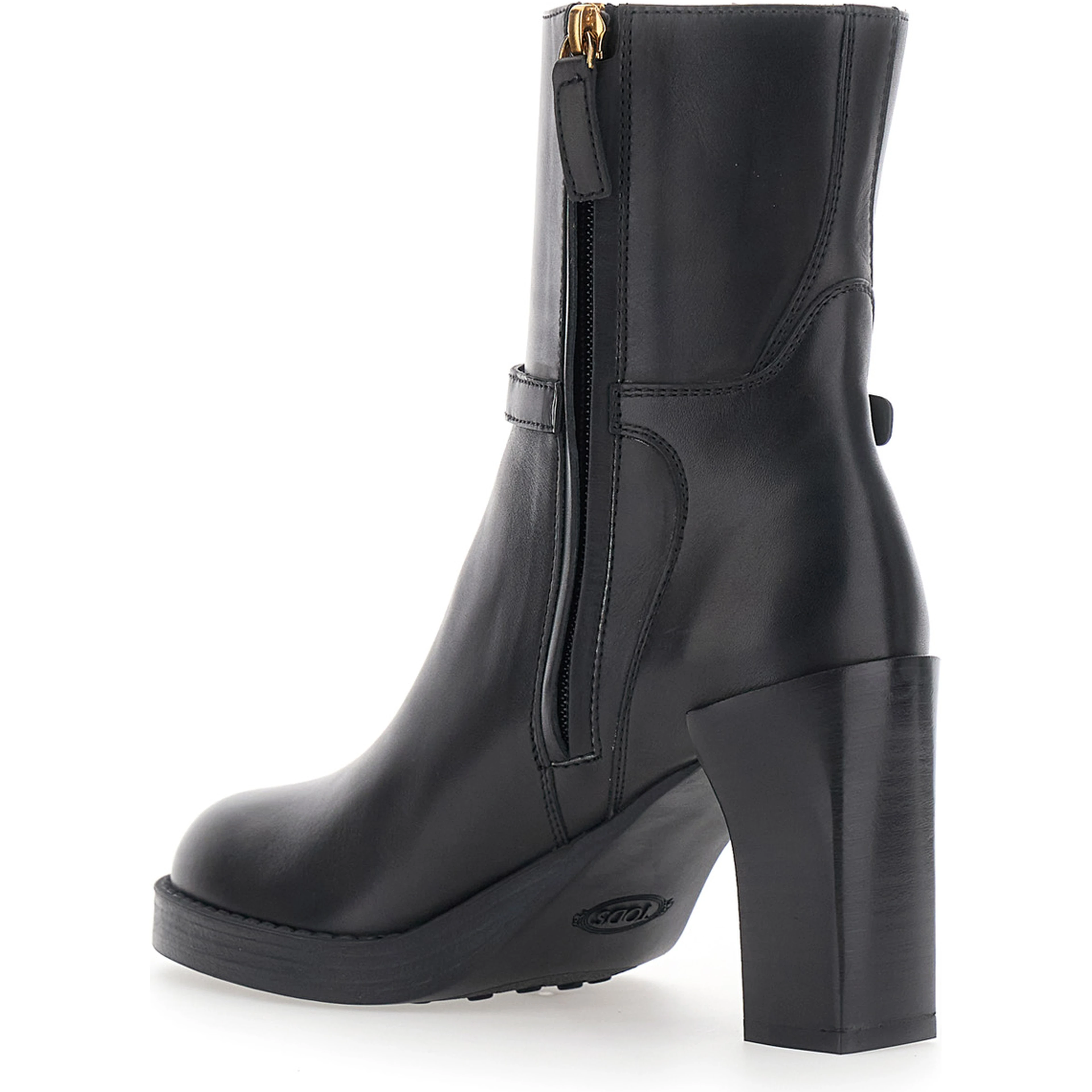Black Ankle Boots with High Heel and Buckle Strap in Leather for Women