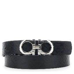 Black Reversible Belt with Gancini Buckle Closure in Grained Leather for Men