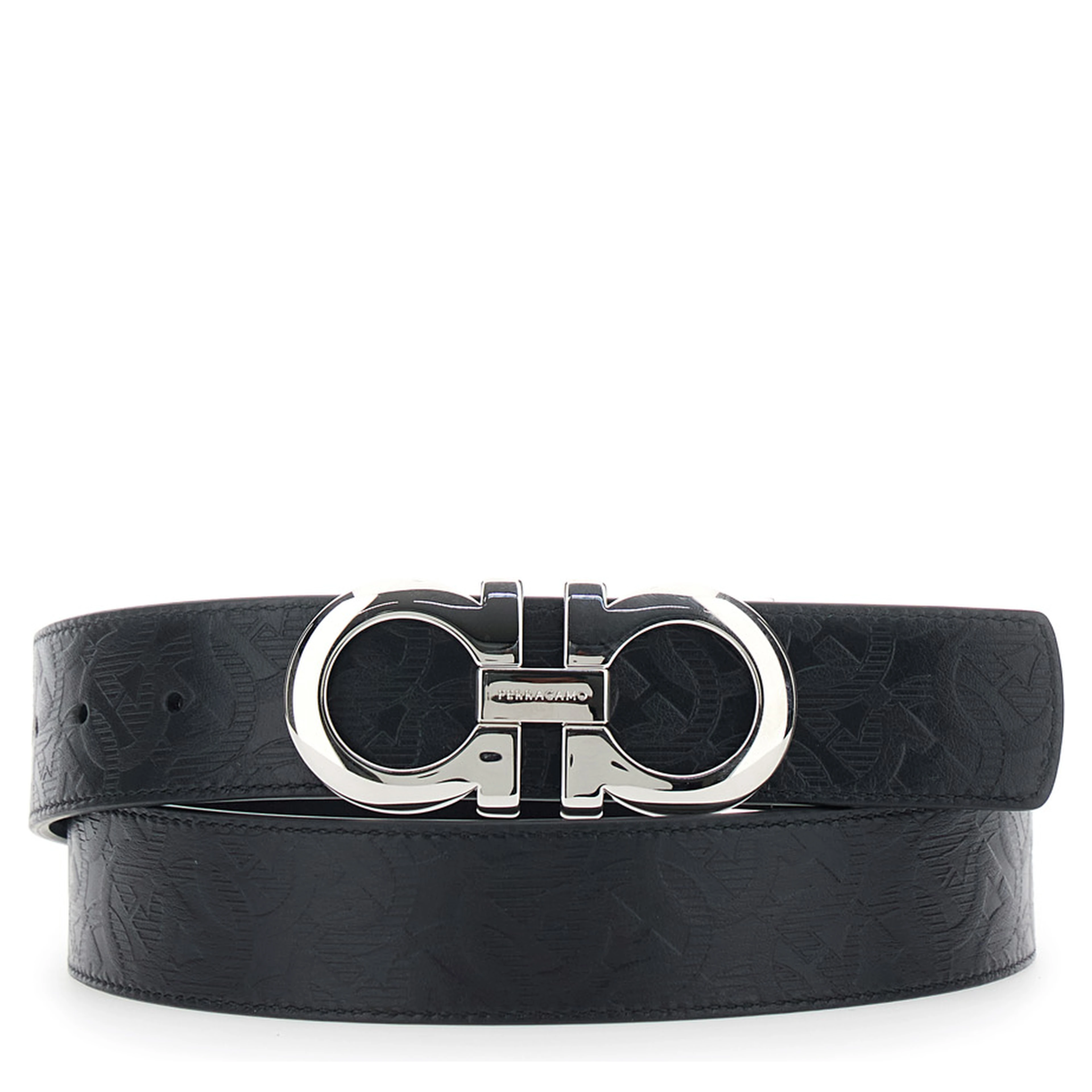 Black Reversible Belt with Gancini Buckle Closure in Grained Leather for Men
