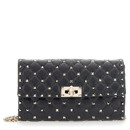 Black Crossbody bag with chain strap and Rockstud decoration in quilted leather for women