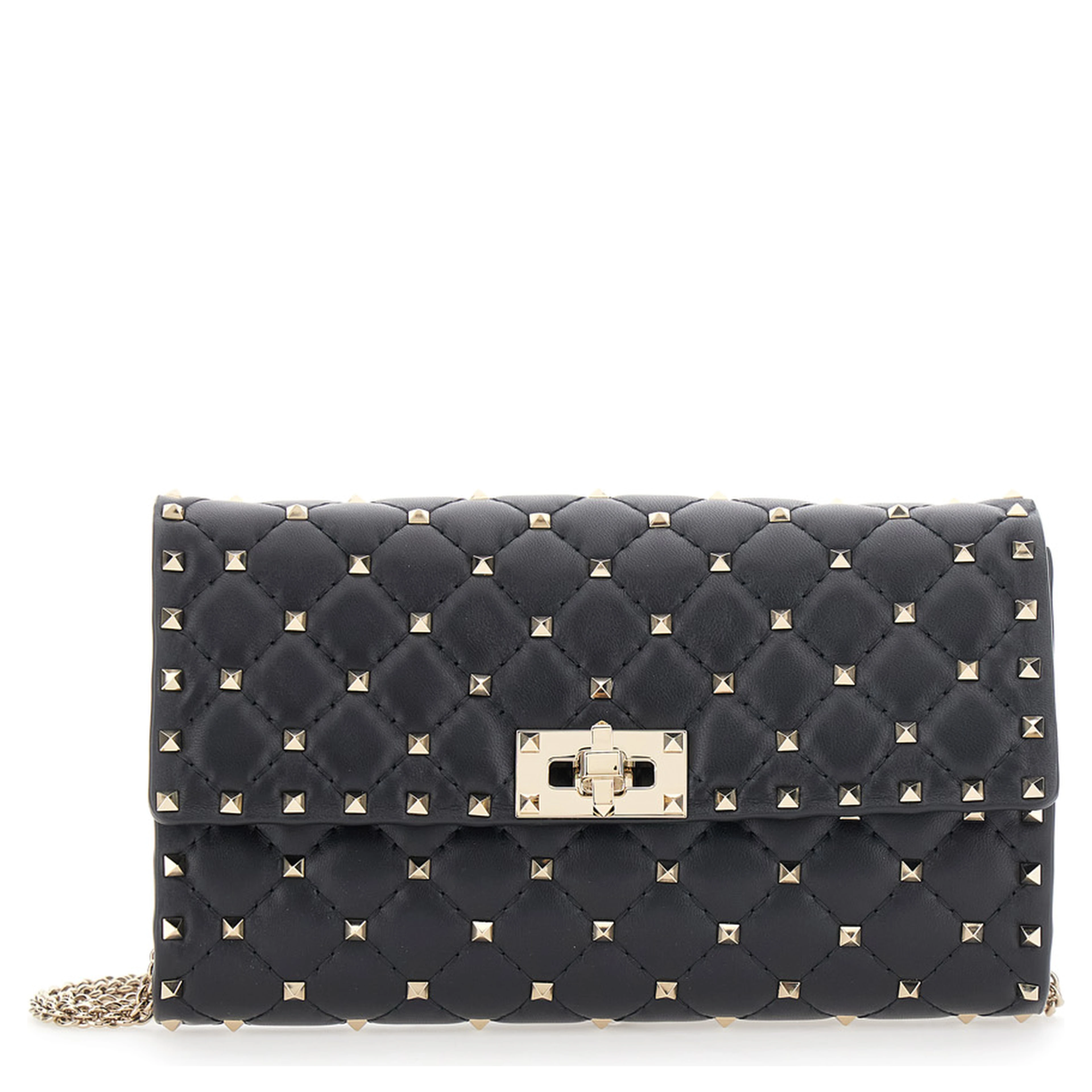 Black Crossbody bag with chain strap and Rockstud decoration in quilted leather for women