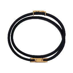 Double Wrap Bracelet with Cassandre Plate on Front in Black Grained Leather for Women