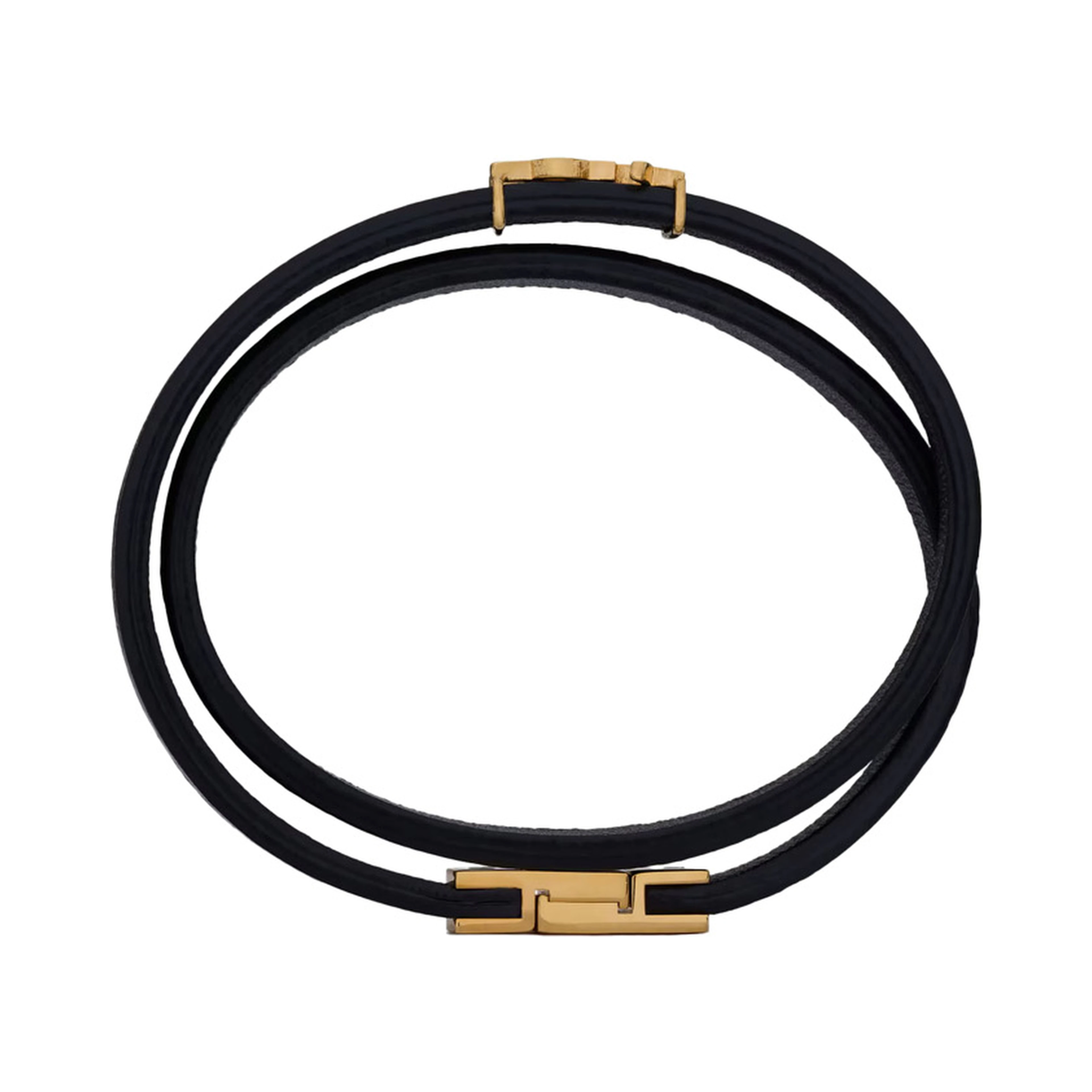Double Wrap Bracelet with Cassandre Plate on Front in Black Grained Leather for Women