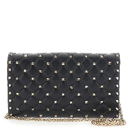 Black Crossbody bag with chain strap and Rockstud decoration in quilted leather for women