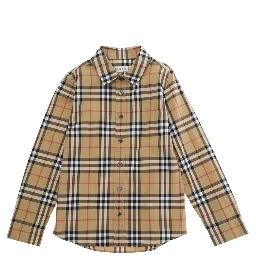 Shirt with Classic Collar and All-Over Check Motif in Beige Cotton Boy