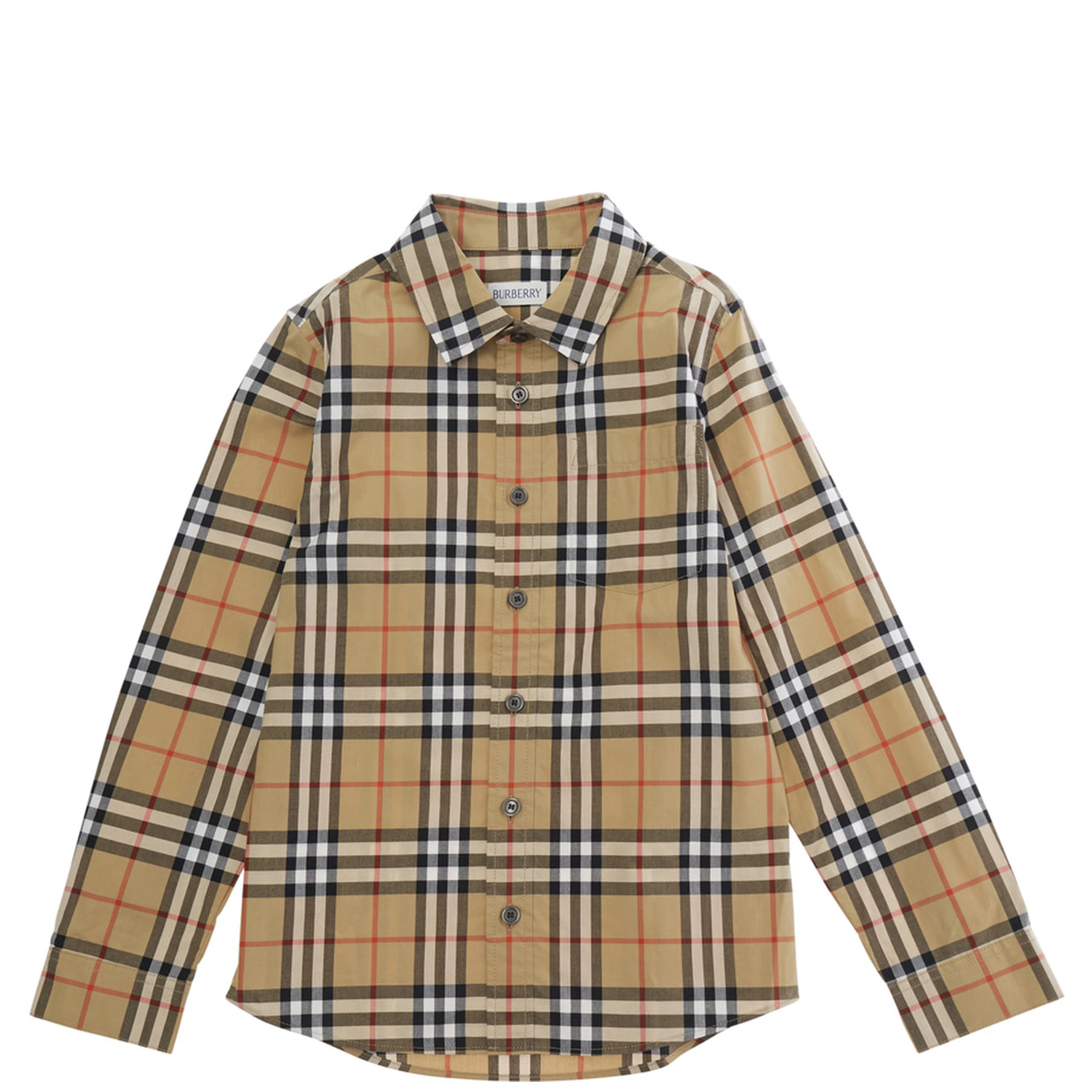 Shirt with Classic Collar and All-Over Check Motif in Beige Cotton Boy