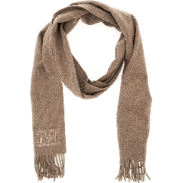 Dalia Beige Scarf with logo embroidery on the front and frayed edges in cashmere for women
