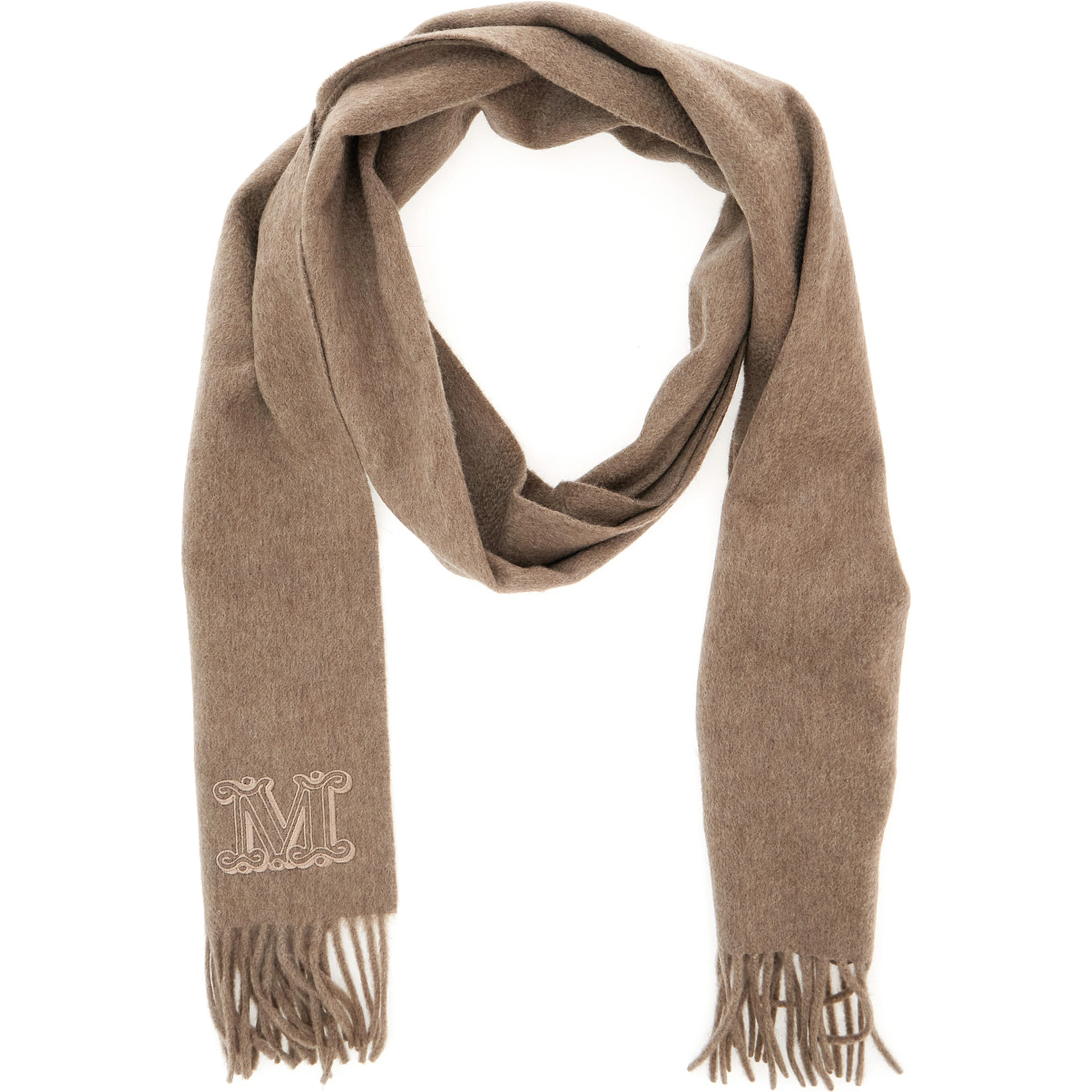Dalia Beige Scarf with logo embroidery on the front and frayed edges in cashmere for women