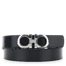 Black Reversible Belt with Gancini Buckle Closure in Grained Leather for Men