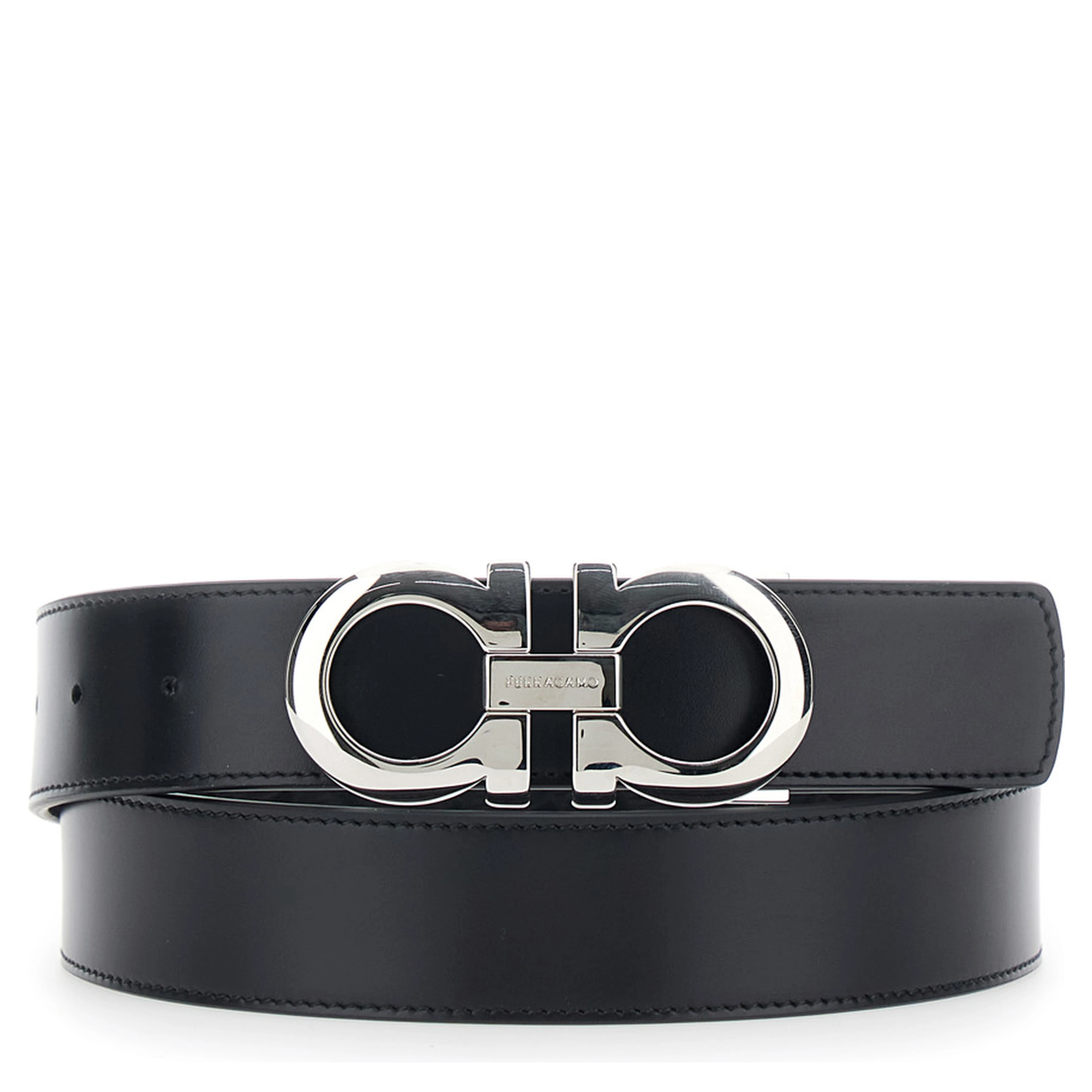 Black Reversible Belt with Gancini Buckle Closure in Grained Leather for Men
