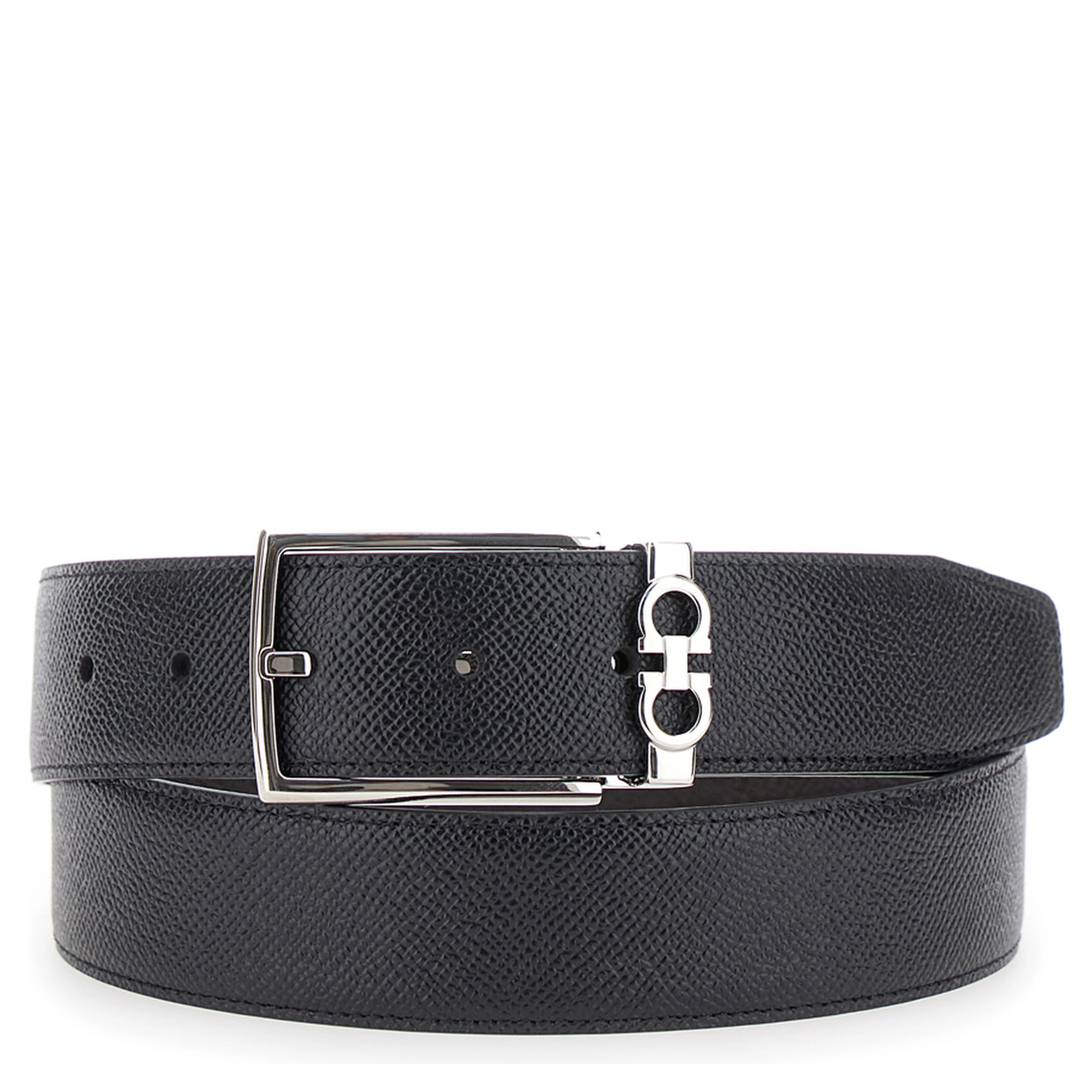 black Reversible belt with Gancini buckle in grained leather for men