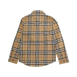 Shirt with Classic Collar and All-Over Check Motif in Beige Cotton Boy