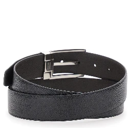 black Reversible belt with Gancini buckle in grained leather for men