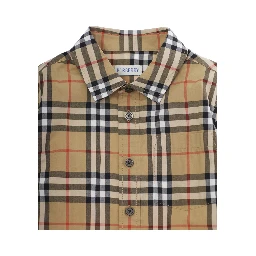Shirt with Classic Collar and All-Over Check Motif in Beige Cotton Boy