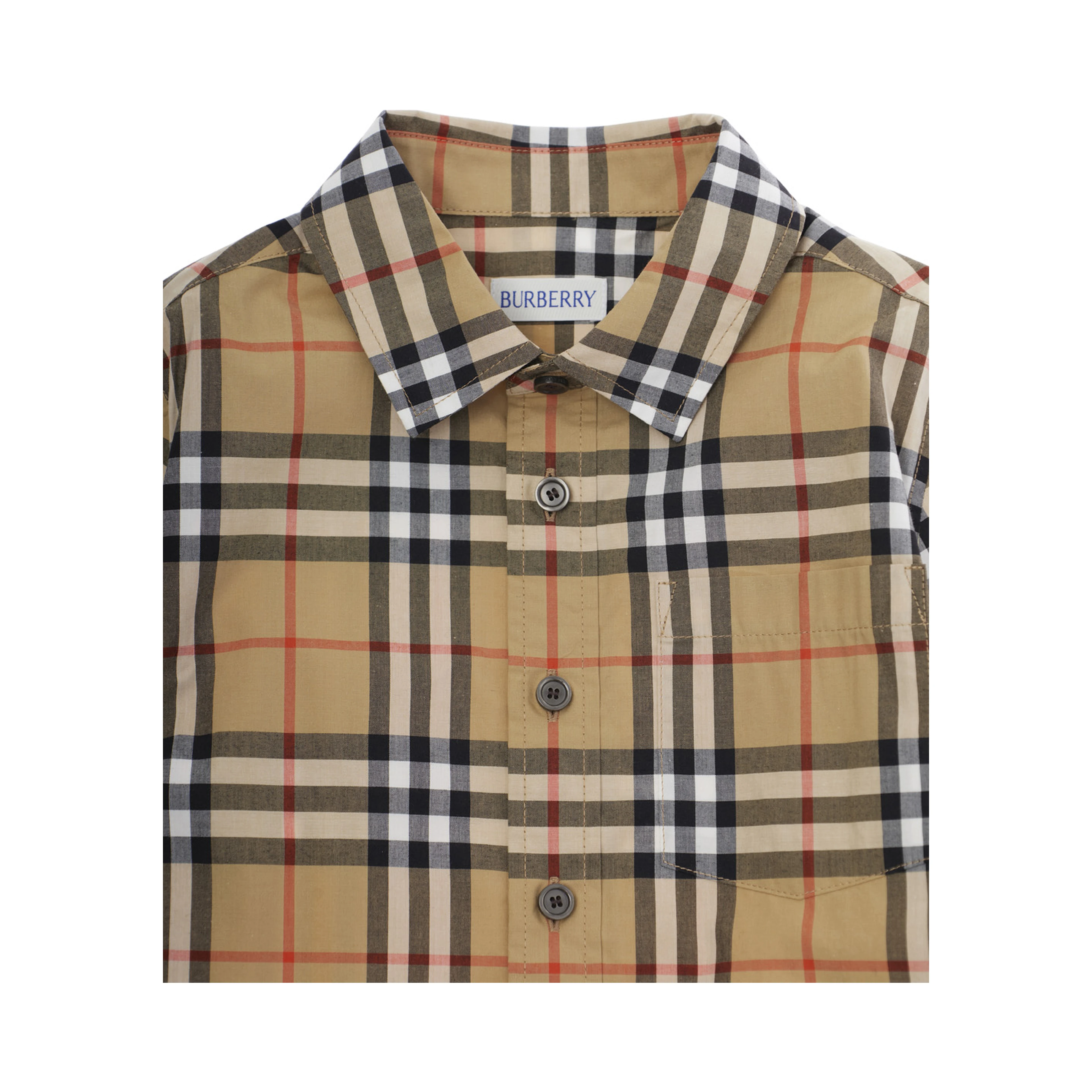 Shirt with Classic Collar and All-Over Check Motif in Beige Cotton Boy