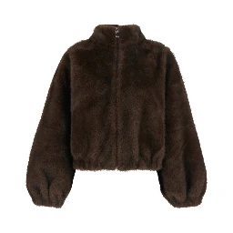 Brown High-neck fur jacket with front zip closure in eco fur for women