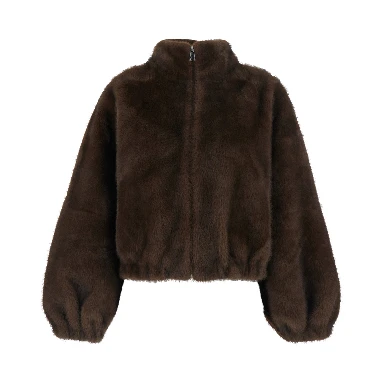 Brown High-neck fur jacket with front zip closure in eco fur for women