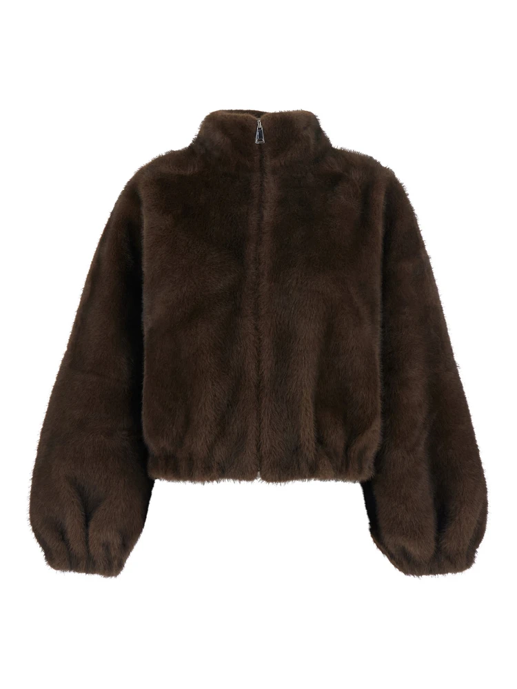 Brown High-neck fur jacket with front zip closure in eco fur for women