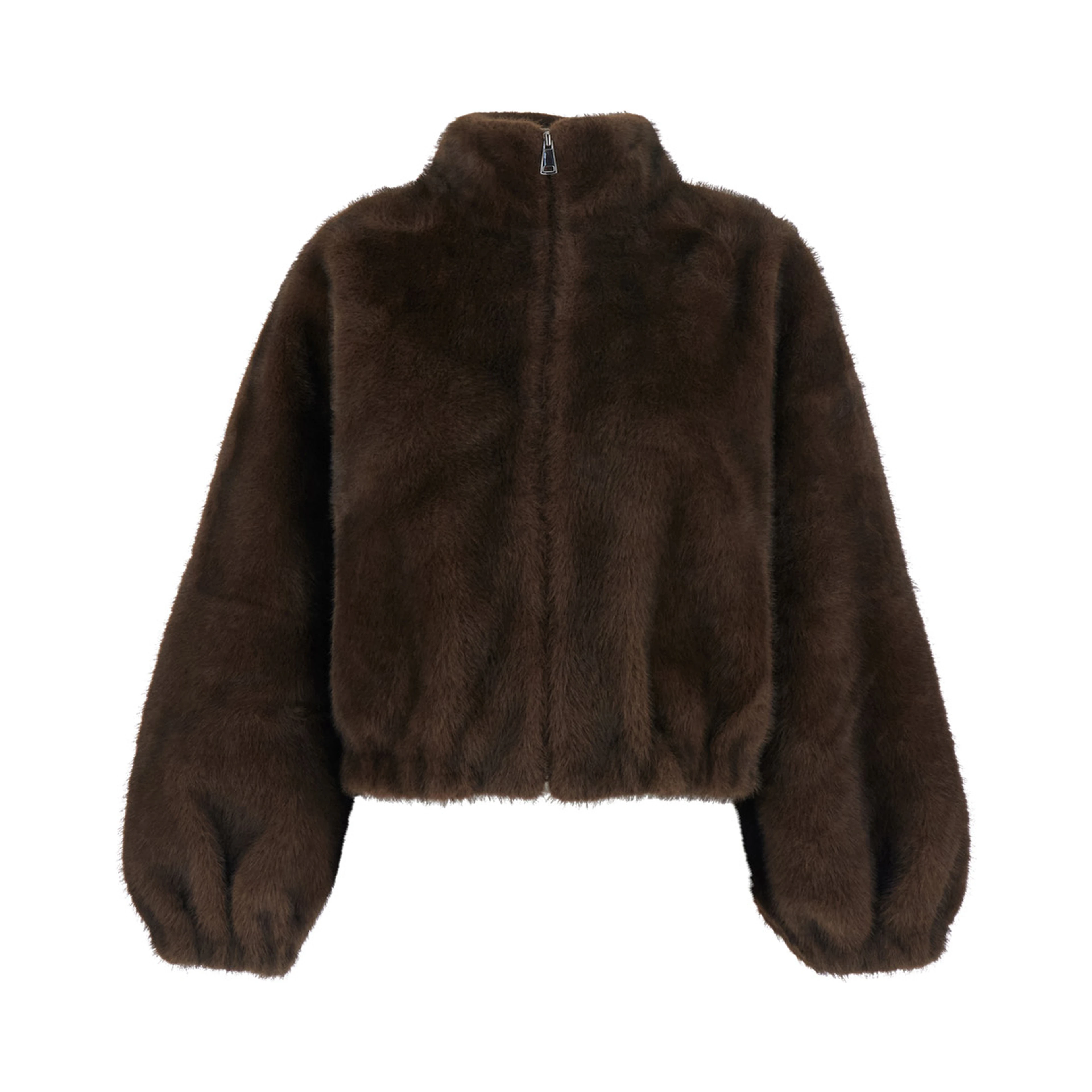 Brown High-neck fur jacket with front zip closure in eco fur for women