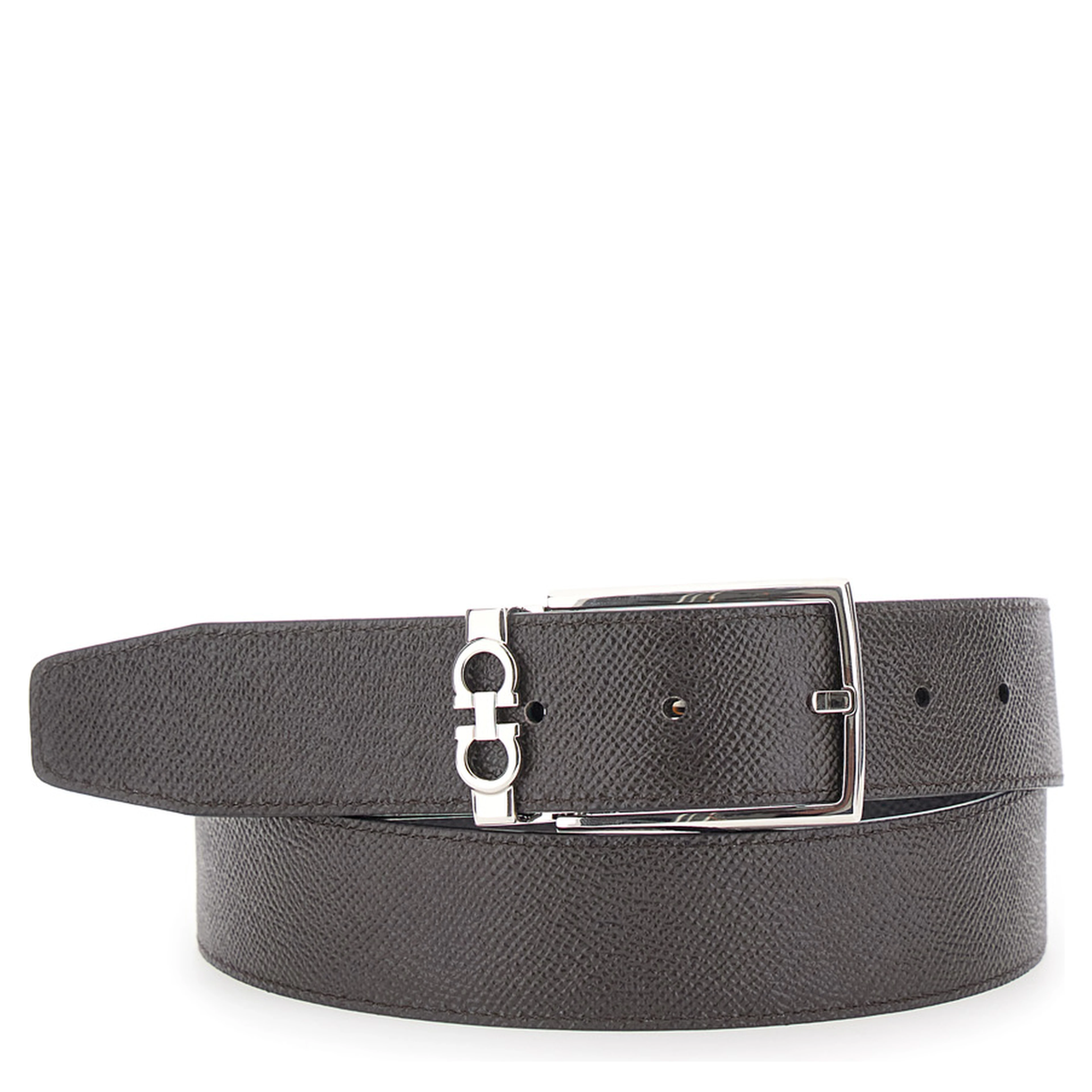 black Reversible belt with Gancini buckle in grained leather for men