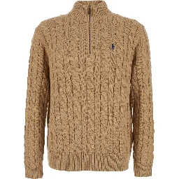 Beige Sweater with half zip on the front and Pony logo on the front in cotton for men