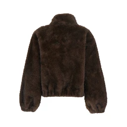 Brown High-neck fur jacket with front zip closure in eco fur for women
