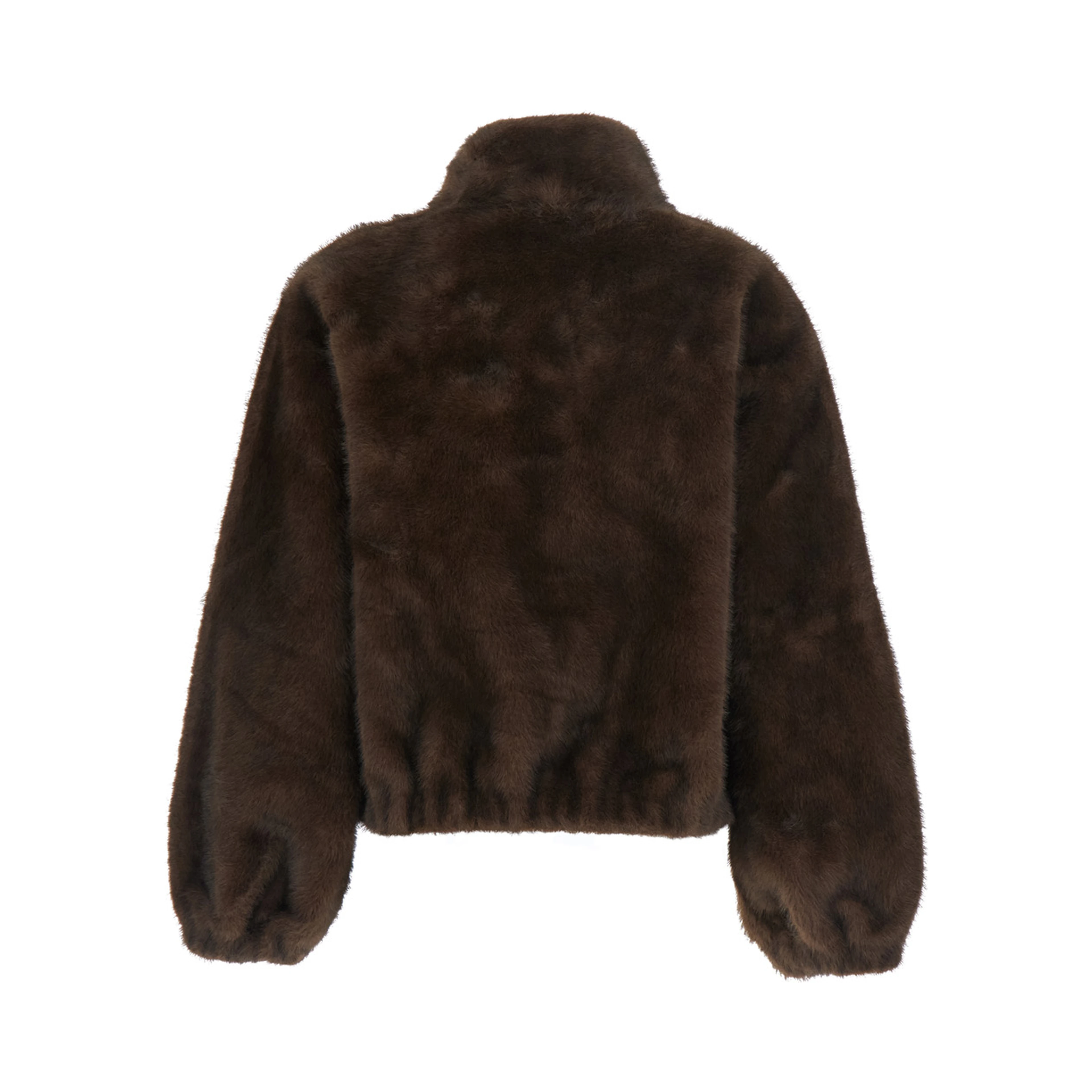 Brown High-neck fur jacket with front zip closure in eco fur for women